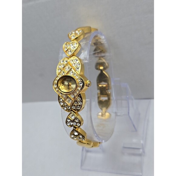 Diplomat Japan Quartz Heart Link Rhinestone Gold Tone Bracelet Watch New Battery - Picture 2 of 12